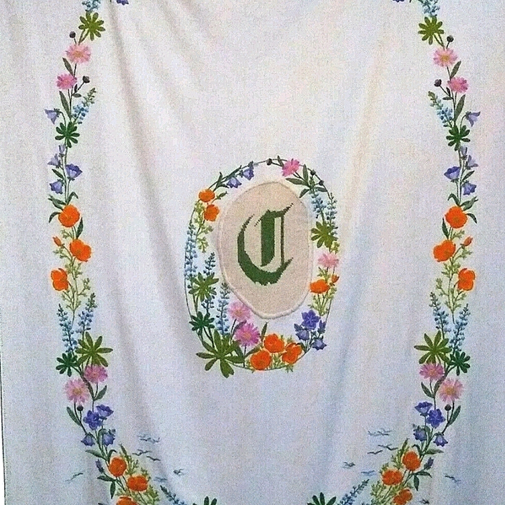 Handmade Wool Crewel Embroidered Floral Bed Cover